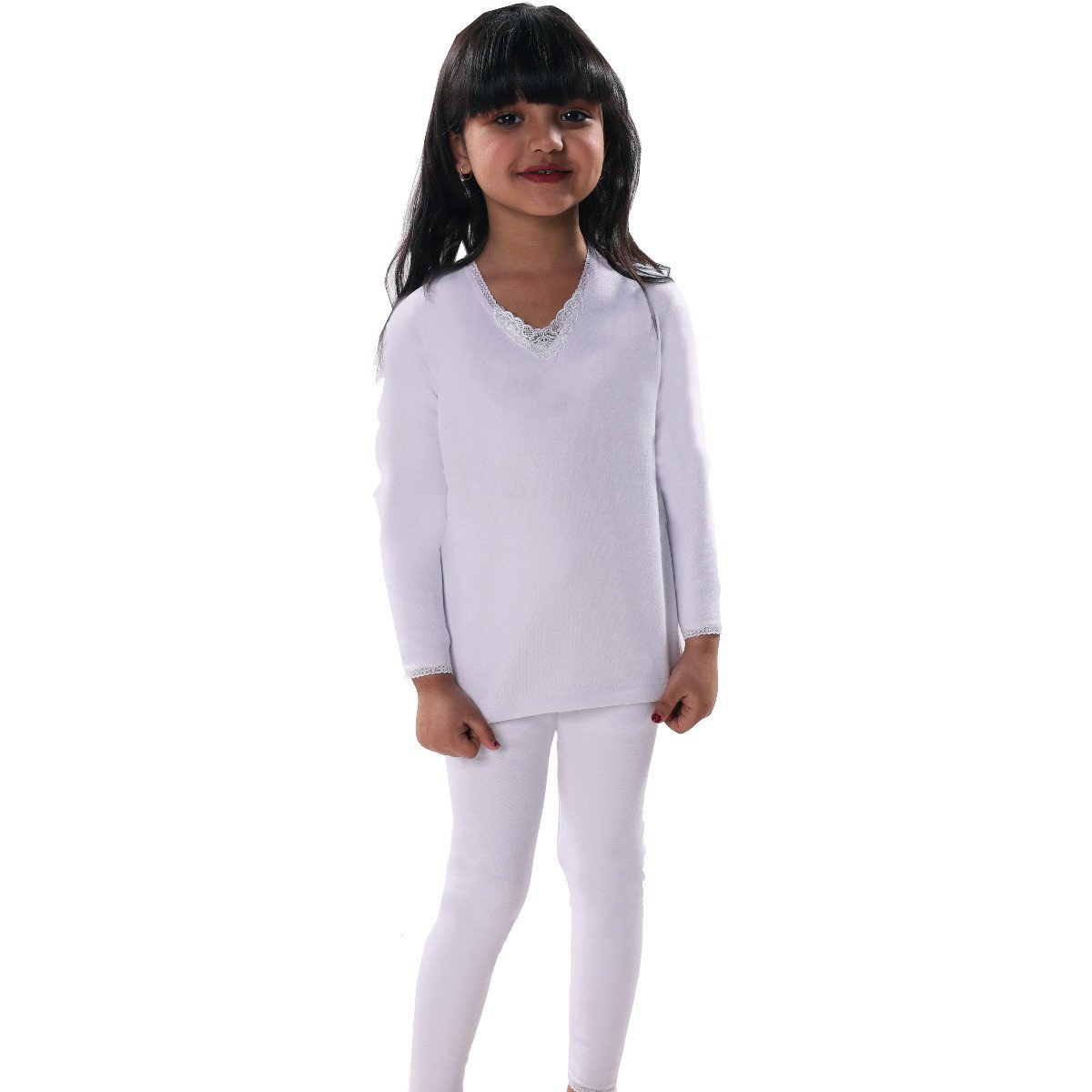 دروش بيجاما بناتي أطفال كم طويل ابيض شتوي